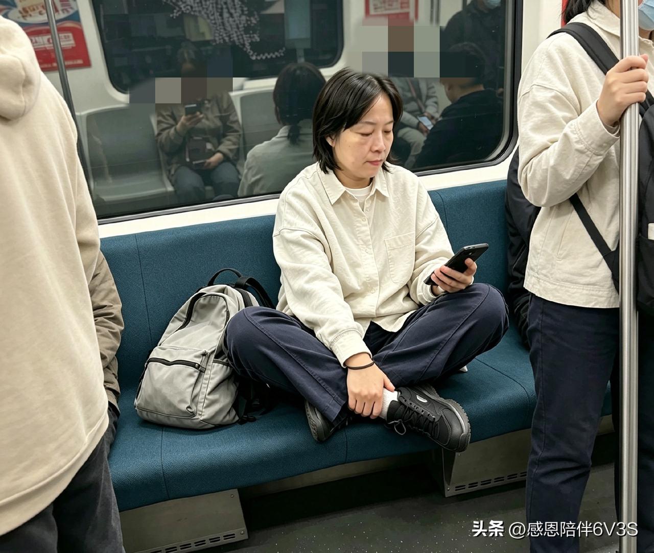 今天坐地铁可真是长见识了。一位大姐径直盘腿坐在座位上，整个人就那么一摊，旁边有人