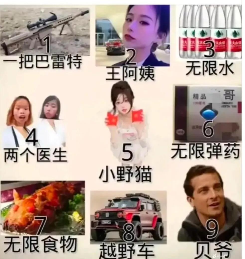 被困荒岛，只能选3个，我先来选，我选择167。第一是枪，第二是无限弹药，第七是无