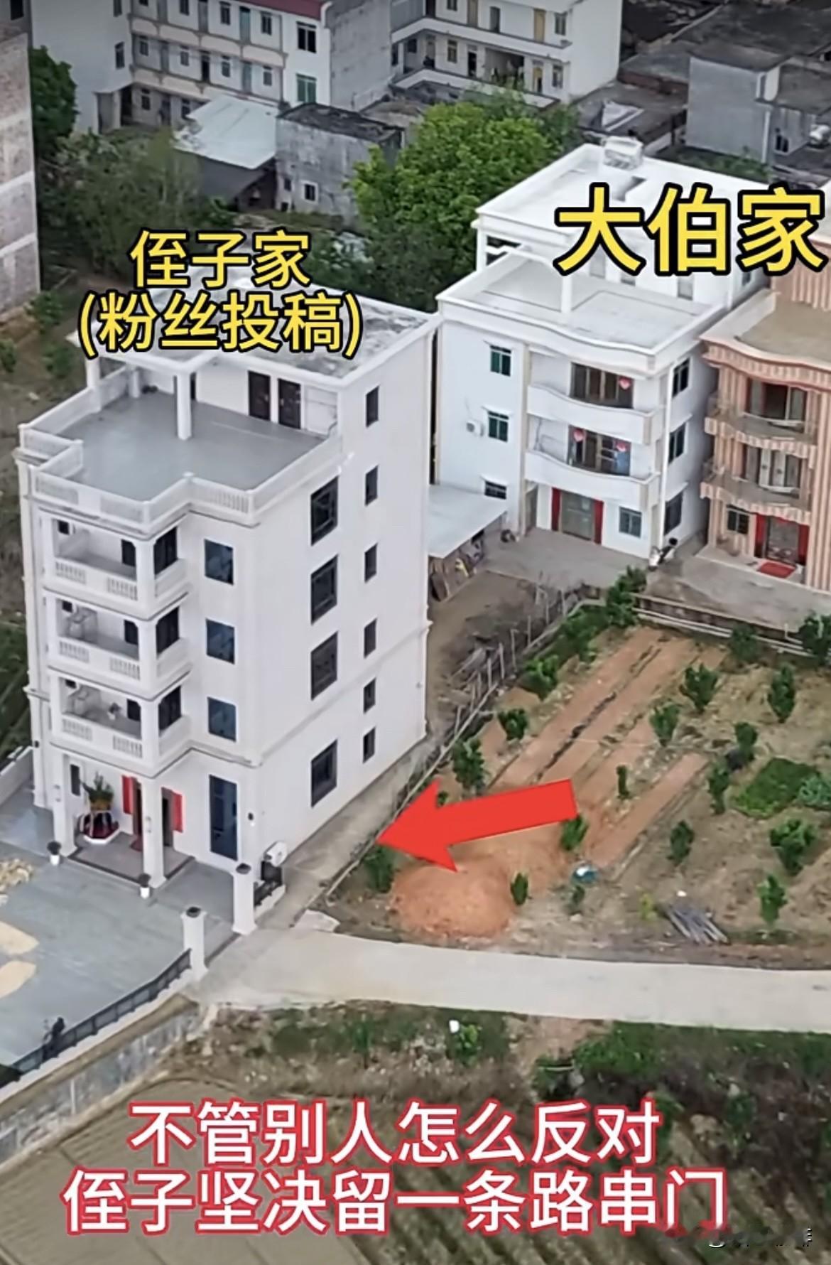 虽然房子🏠建得窄小很多，
不管别人怎么反对，
侄子坚决留一条路串门。
大伯小时