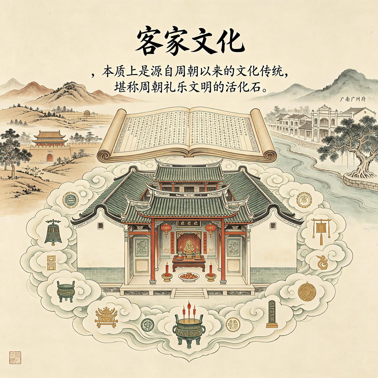 客家文化，本质上是源自周朝以来的文化传统，堪称周朝礼乐文明的“活化石”。
其根源