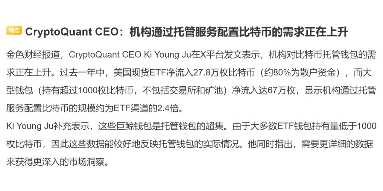 CryptoQuant CEO：机构通过托管服务配置比特币的需求正在上升