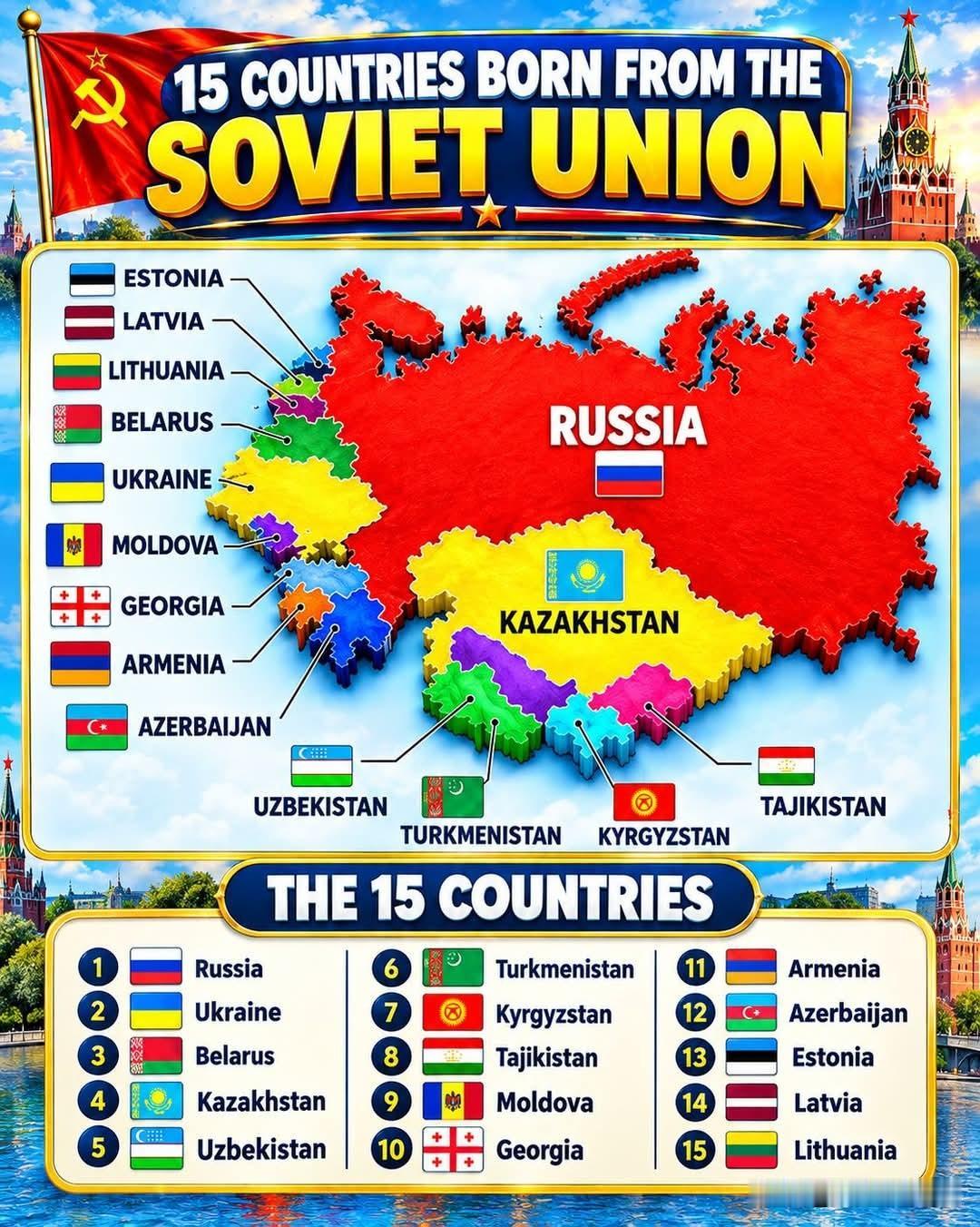 15个苏联国家出生——你能把它们全部命名出来吗？🌍

苏联在1991年解散了，