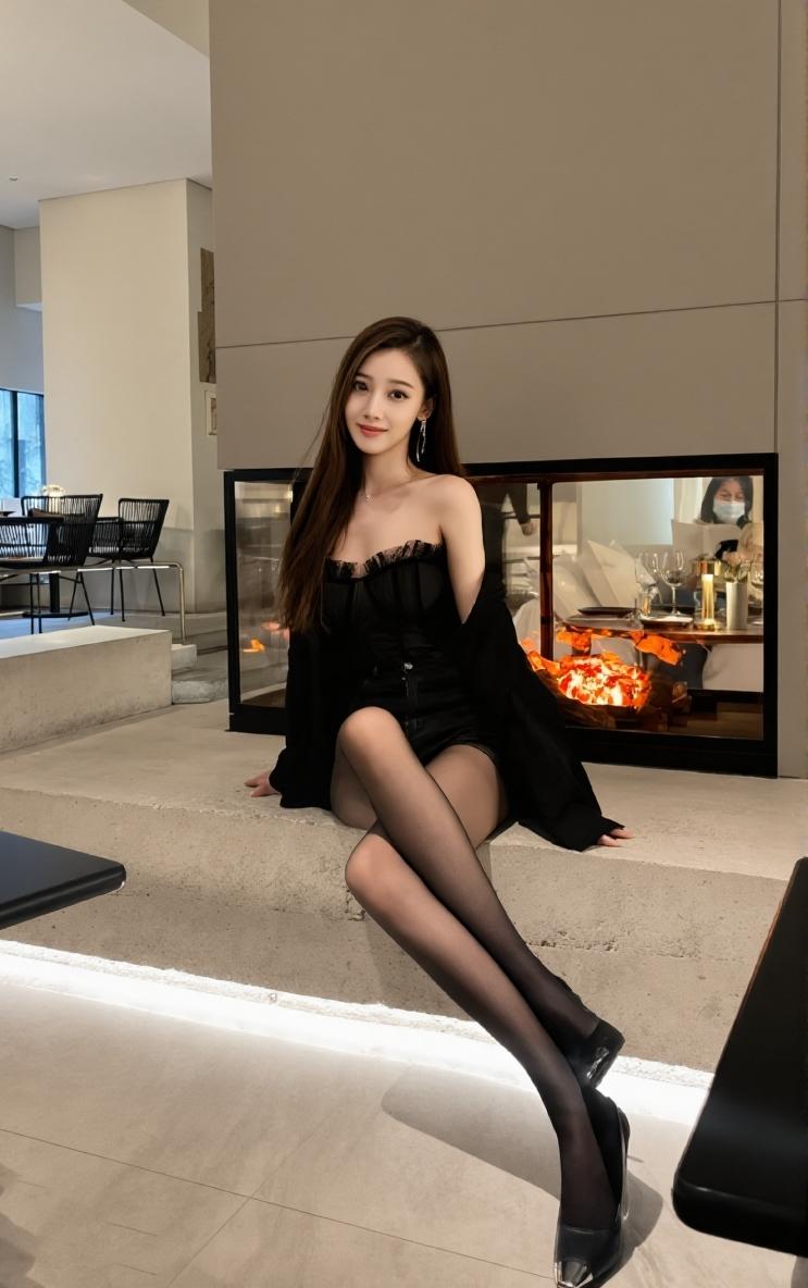 展现了一种长腿御姐范，黑发、丝袜、高跟鞋的搭配映村的淋漓尽致，魅力十足的样子让人