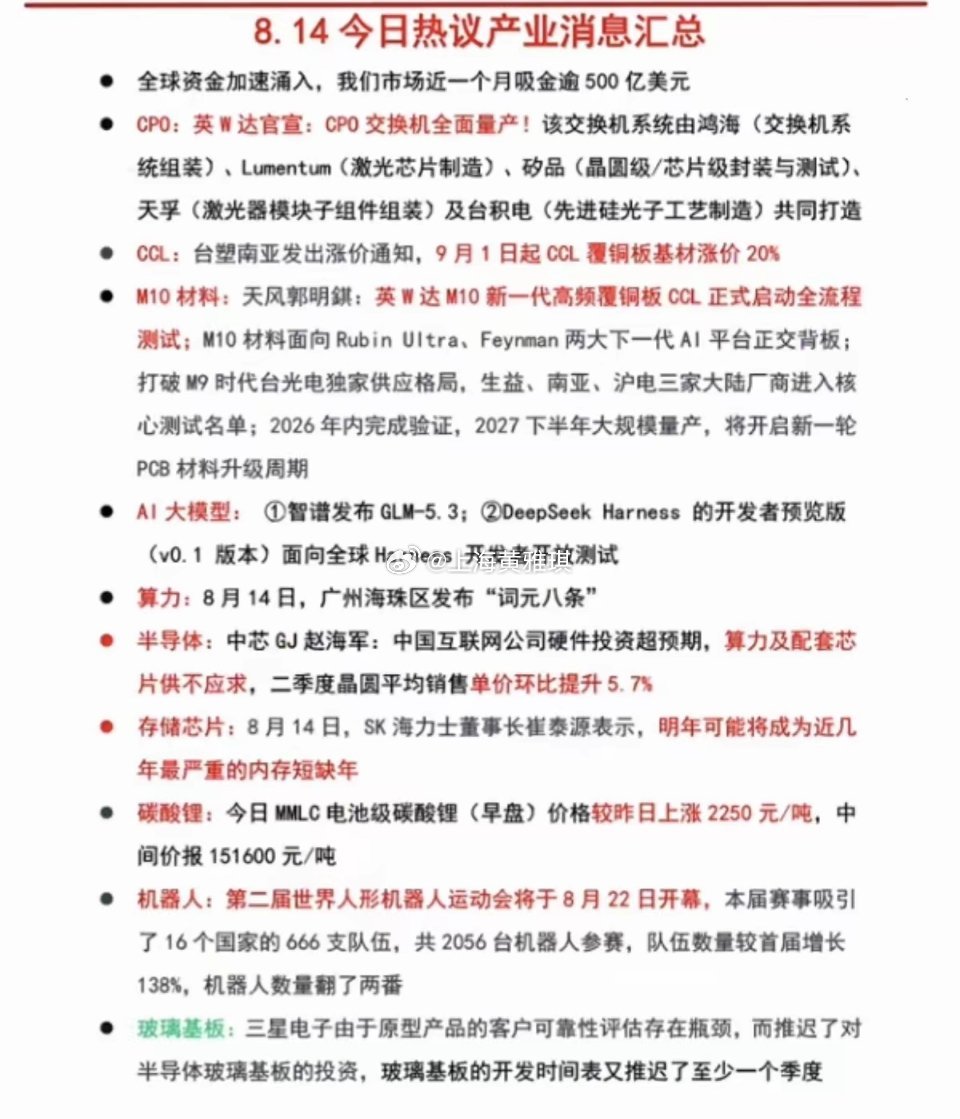 8.14周五  晚间财经信息+整理参考！1.CPO先进封装2.CCL覆铜板基材涨