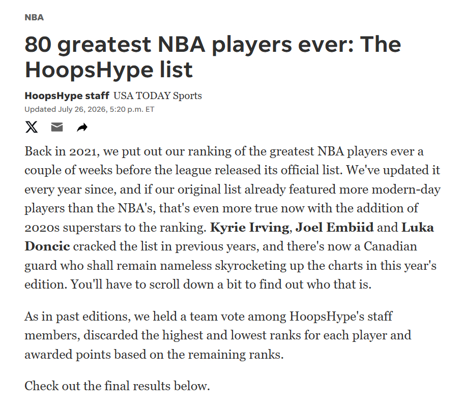 美媒HoopsHype在NBA即将80周年之际再度评选了历史80大球星（去年排了