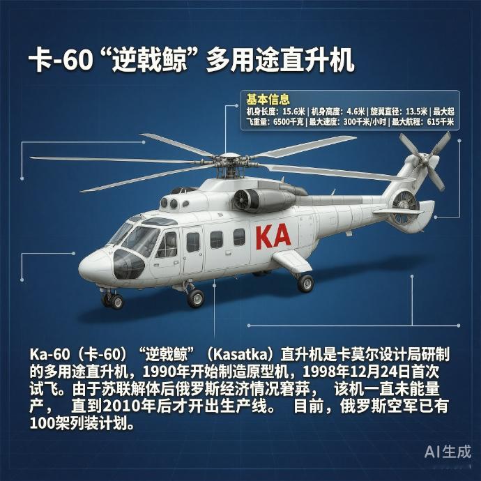 军事ai新视野 苏联/俄罗斯Ka-60“逆戟鲸”直升机机身长度：15.6米机身高