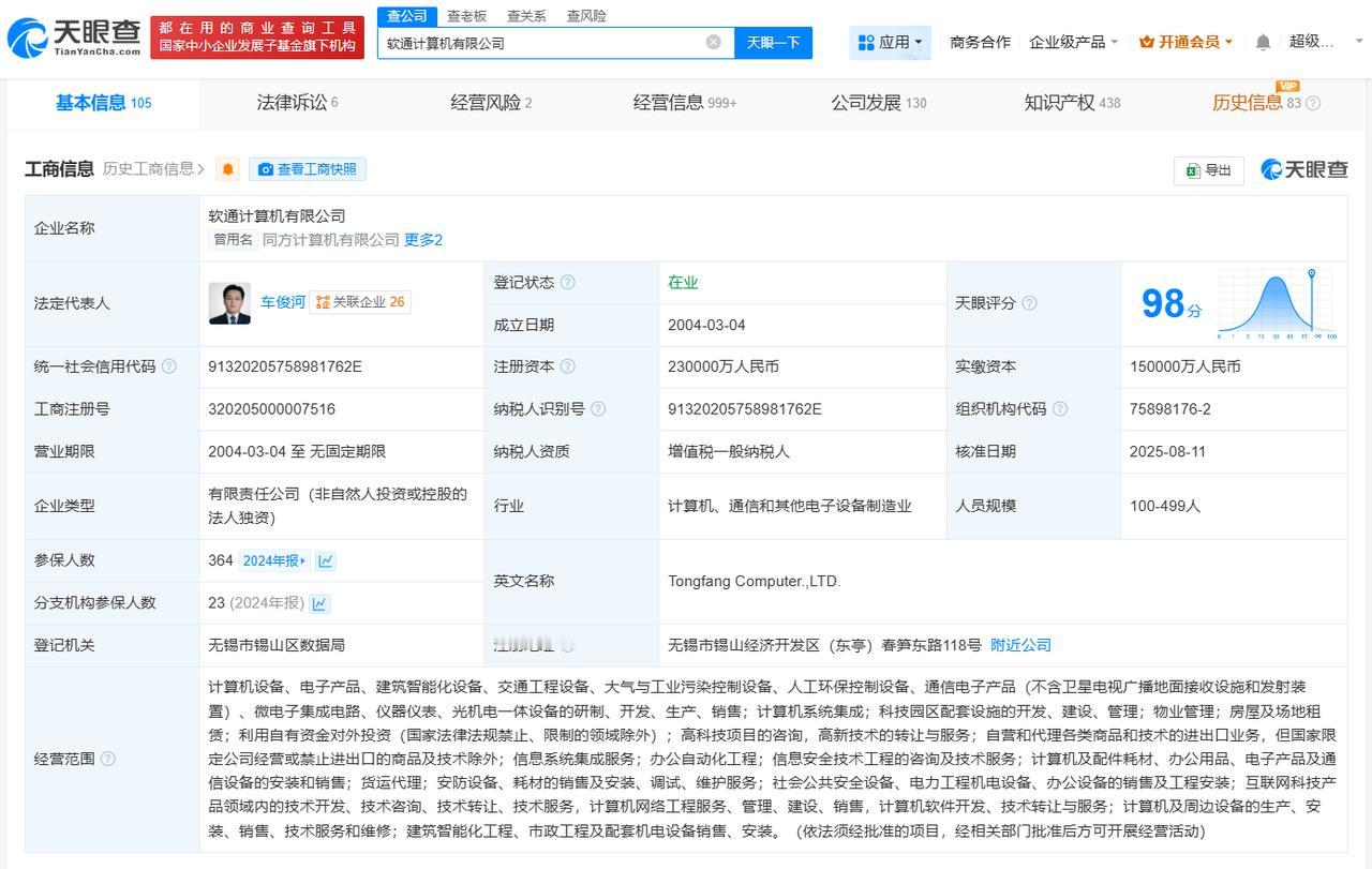 增幅约53%
天眼查App显示，近日，软通计算机有限公司发生工商变更，注册资本由