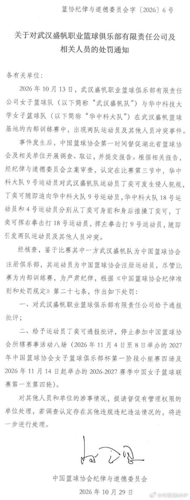 之前闹得沸沸扬扬的女篮热身赛冲突迎来了第一张罚单。被围殴的盛帆女篮丁奕可禁赛八场