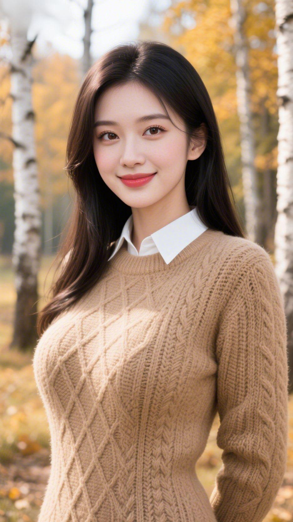 秋林暖棕，风裹柔光
 
风掠过白桦林时，她恰好站在秋阳里。
 
驼色毛衣织着绵柔