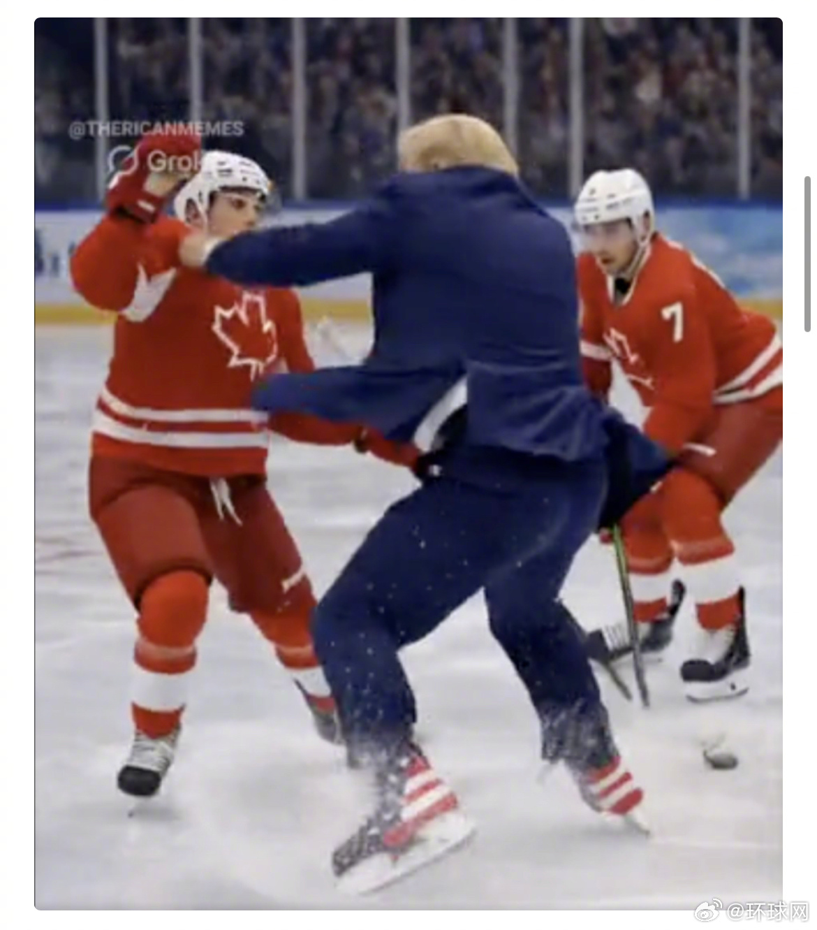 #特朗普发AI视频挑衅加拿大#【“痛击加拿大鹅”后，特朗普发无厘头AI视频：化身