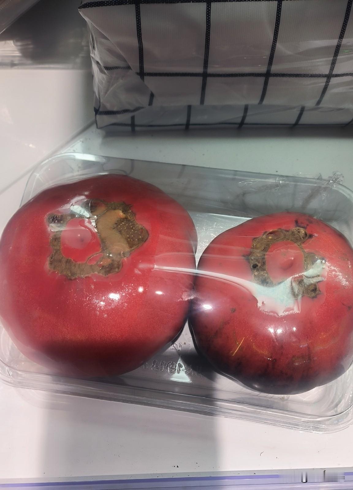 在胖牛超市购物，看到一种很奇特的西红柿 。

每个头顶都有一大块褐色疤 ，就跟坏