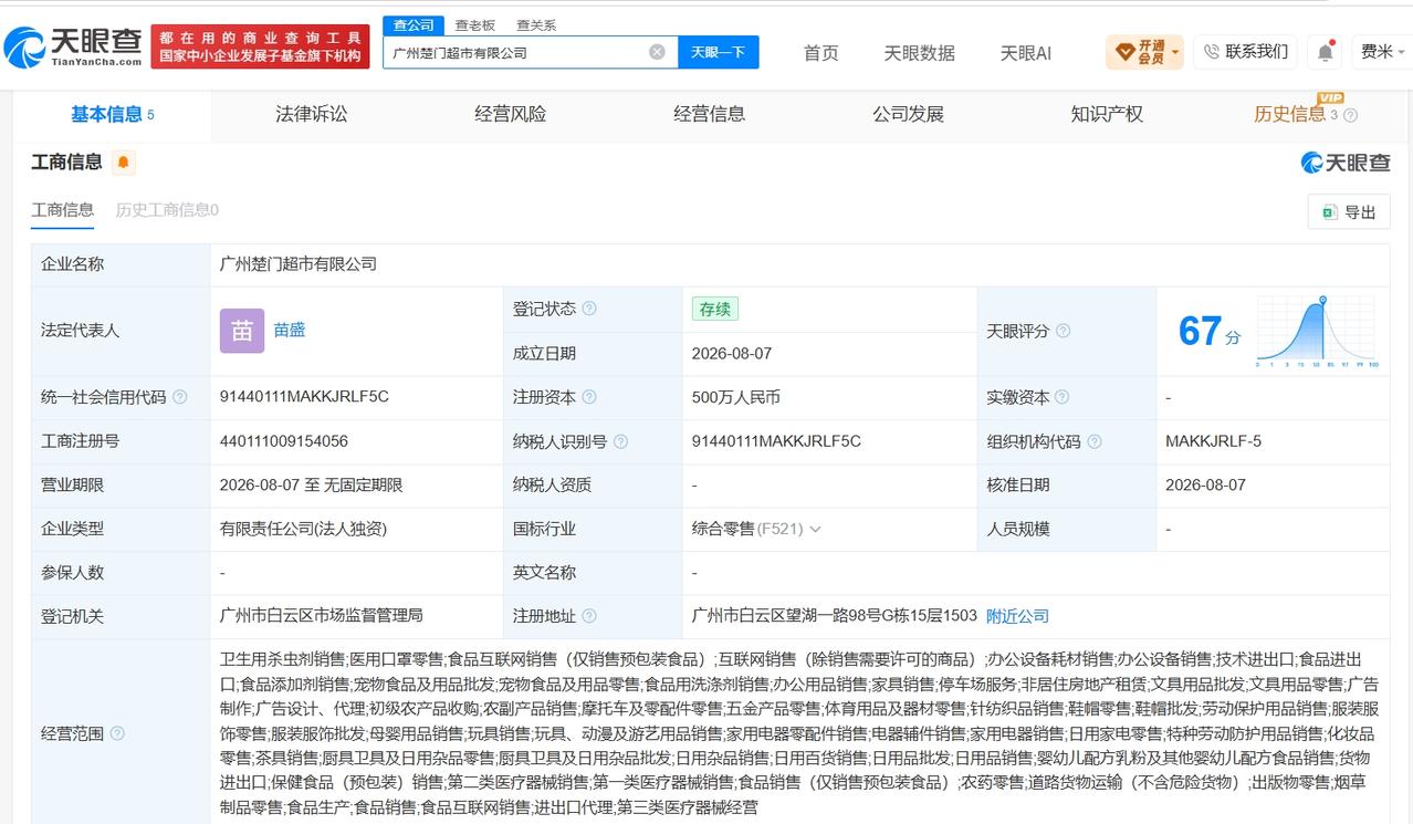 【辛巴关联公司在广州成立楚门超市 注册资本500万】
天眼查App显示，近日，广