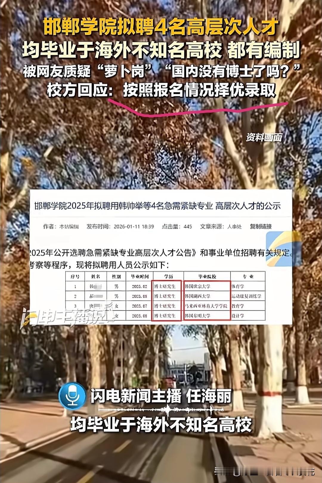 怎么可能是萝卜岗，确定不是萝卜岗？最近邯郸学院拟聘4名高层次人才上了热搜，因为这
