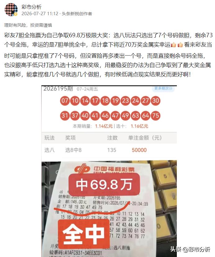 昨发的一条7胆全拖中奖69万的消息被有心彩友分享，没想到有彩友继续打这7个完全号