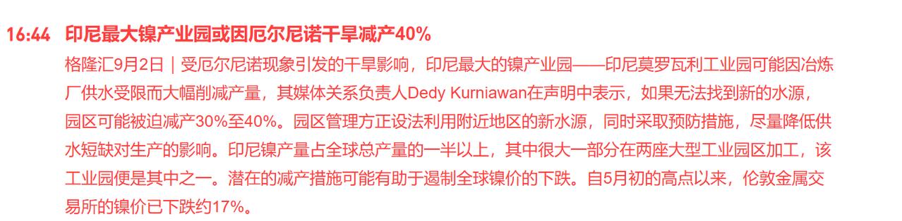 印尼镍矿可能会大幅减产，那明天又是小金属的一天？

盘后据格隆汇发布的消息，受厄