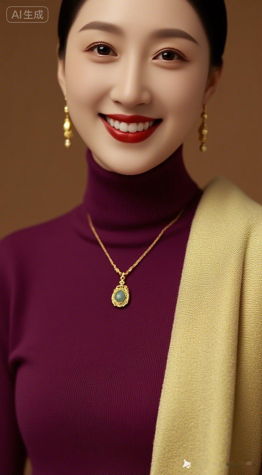 她穿着紫色高领毛衣，笑容甜美。