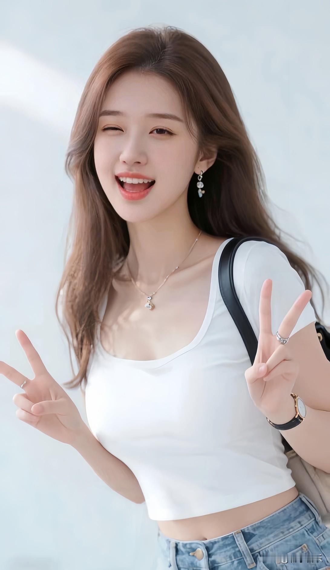 梨涡浅浅缀甜笑，比个V字俏眉梢；
阳光漫过肩头绕，青春正好趁今朝。
分享一张你的