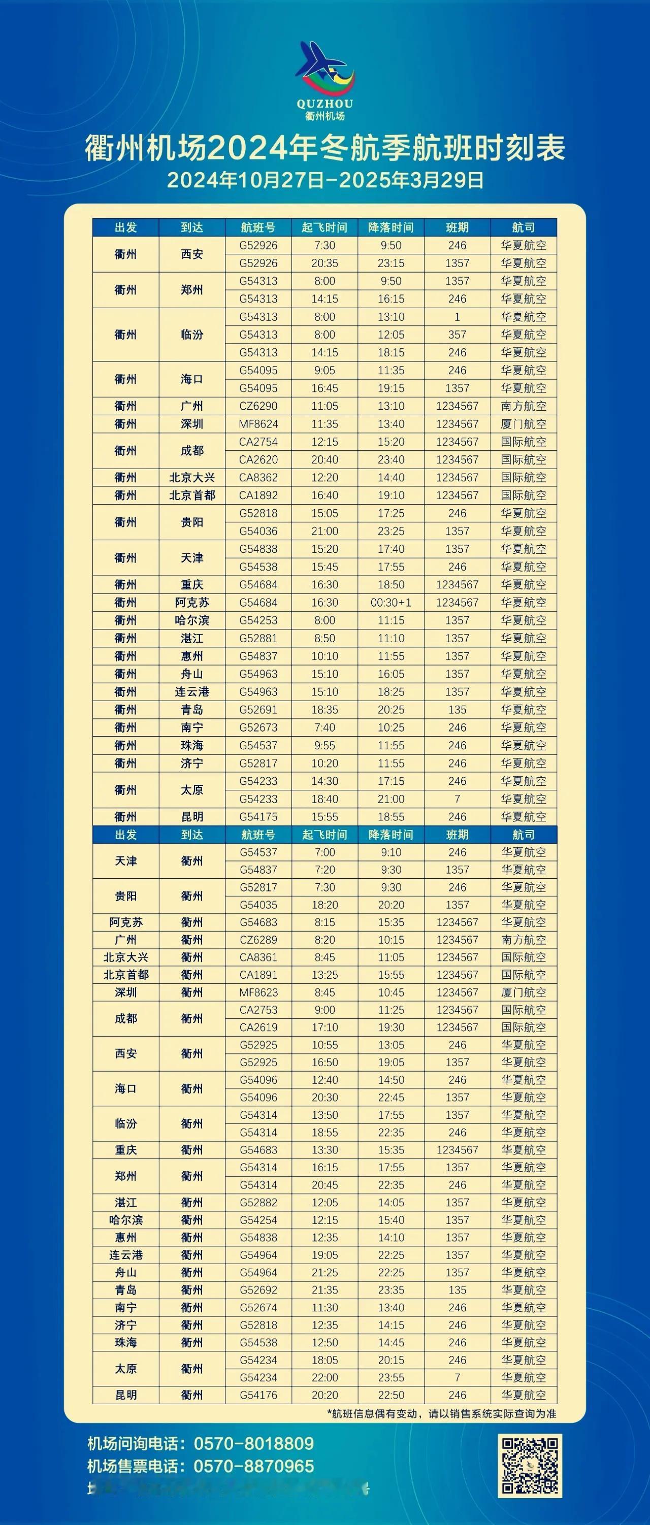10月27日起执行 衢州机场2024冬航季航班时刻表

​