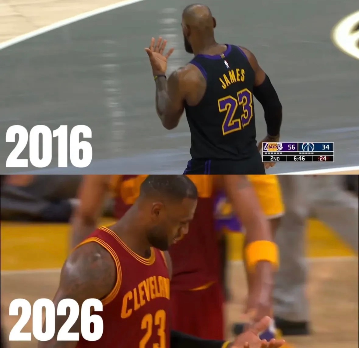 关于老詹的左手扣篮，十年之前，有一个一模一样的左手扣篮，扣完之后也是看着自己的左