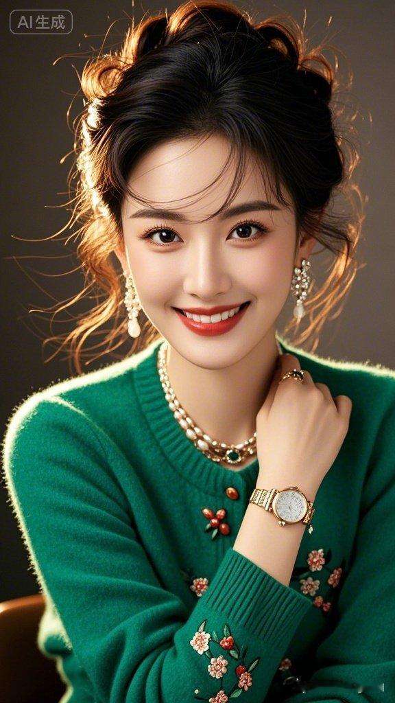 绝色美人，肌肤白皙细腻光滑，盘发飘逸微卷蓬松。侧身而立，暗色背景朦胧唯美，溶图氛