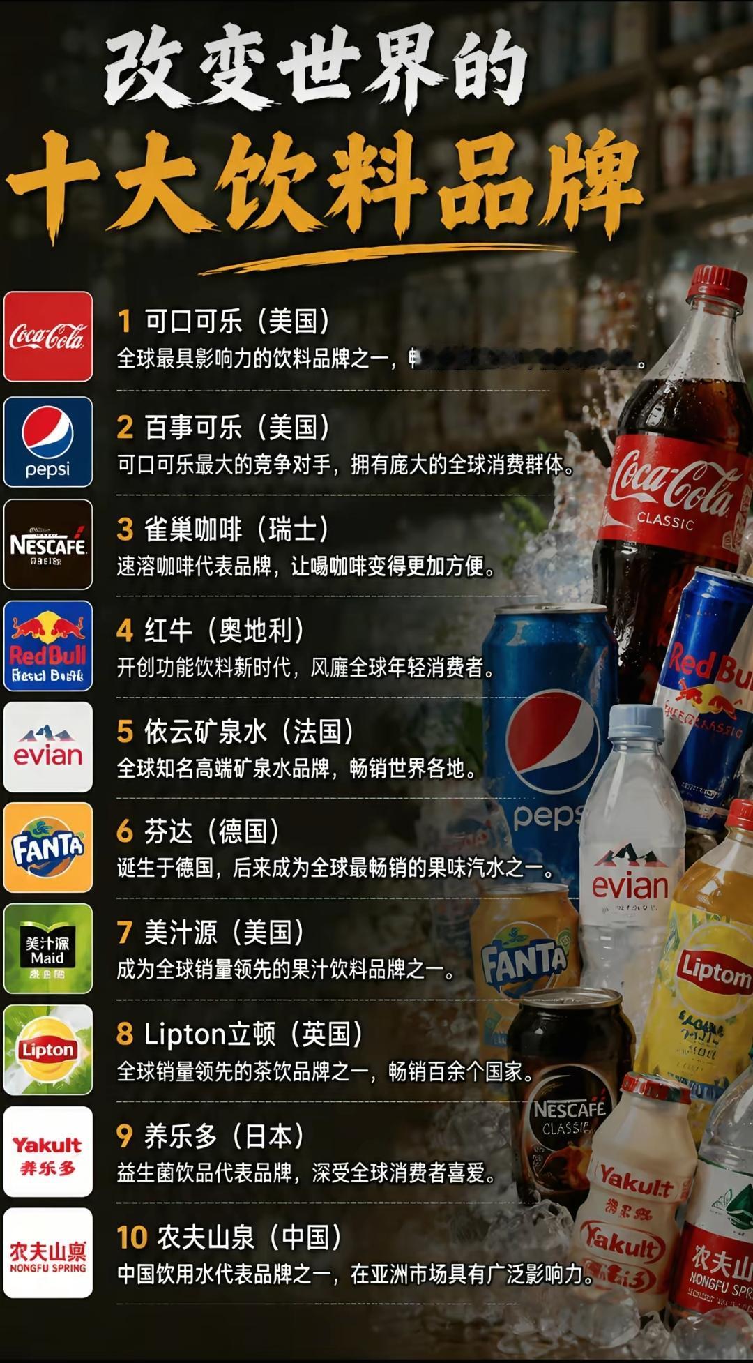 世界十大饮料品牌。中国的非常可乐小时候也是风靡一时的 ，那时候感觉非常可乐比可口