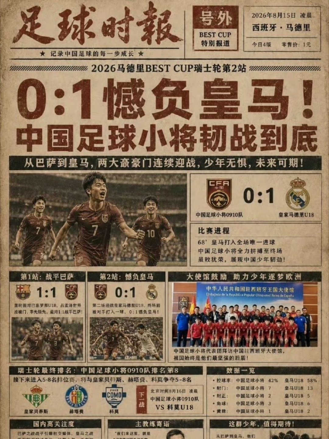 足球小将0比1不敌皇马 遗憾落败，小将逼出皇马两张红牌，奈何运气差一点。加油小将