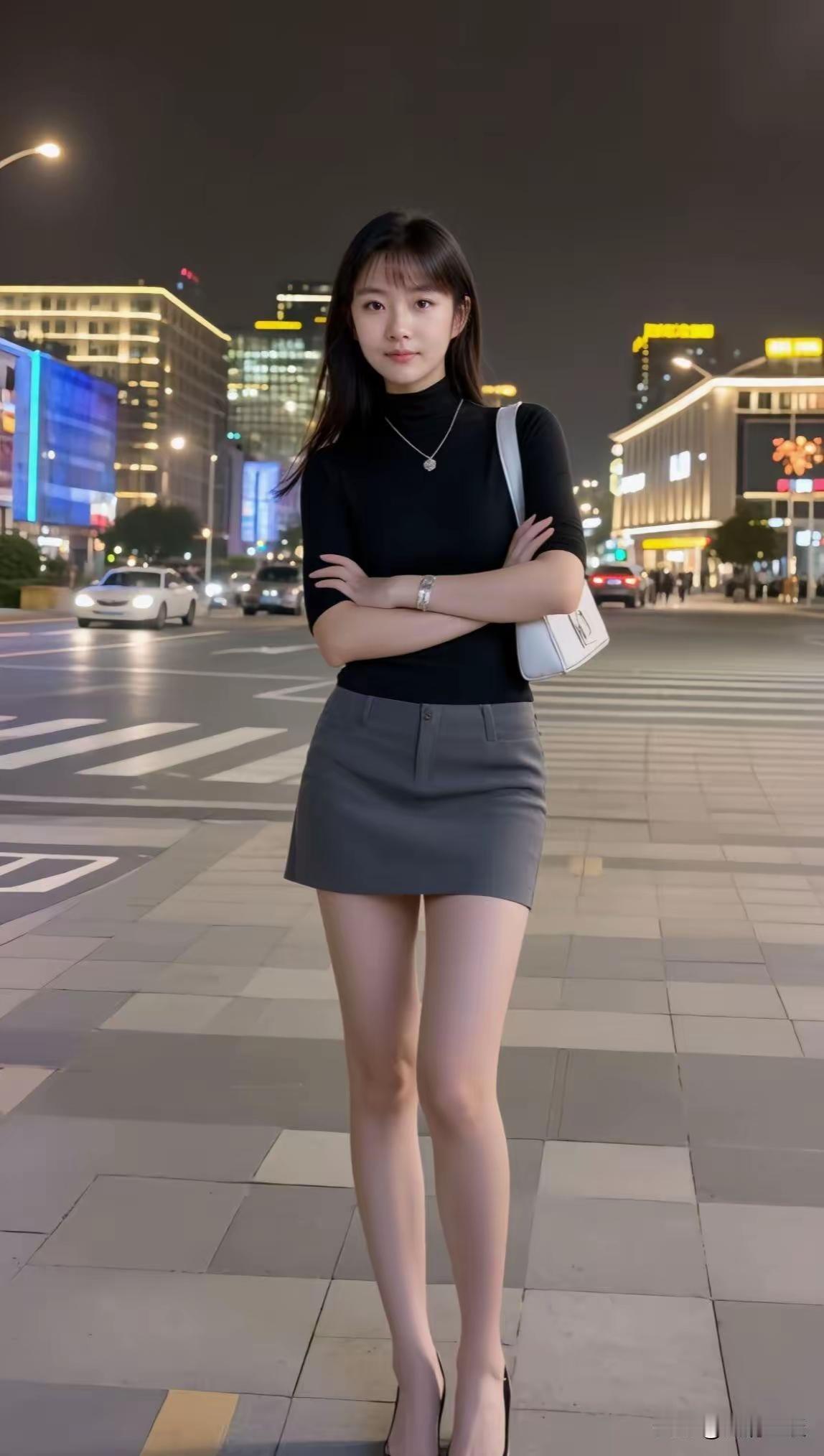 都市夜景下的时尚少女，黑白灰的穿搭，尽显优雅与自信。