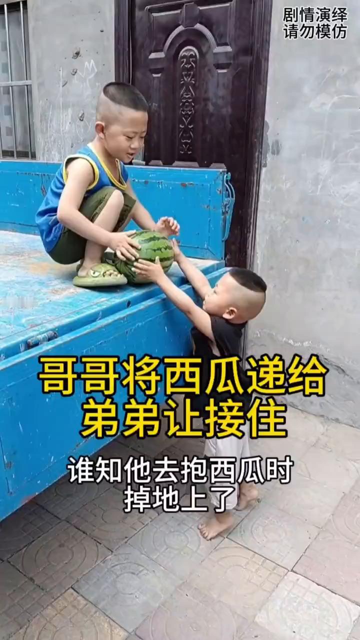 哥哥将西瓜递给弟弟让接住，谁知他去抱西瓜时掉地上了。
兄弟两个正在玩耍，这时哥哥