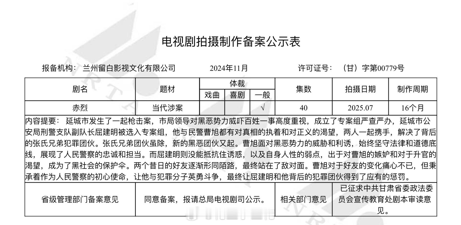 电视剧《赤烈》备案  赤烈  出品：留白影视《狂飙》集数：40集内容提要：   
