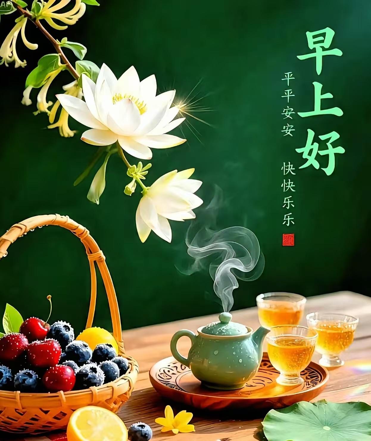 人生投缘，总思念，
清晨问候，如见面；
语言不多，情无限，
一句早安，胜千言；