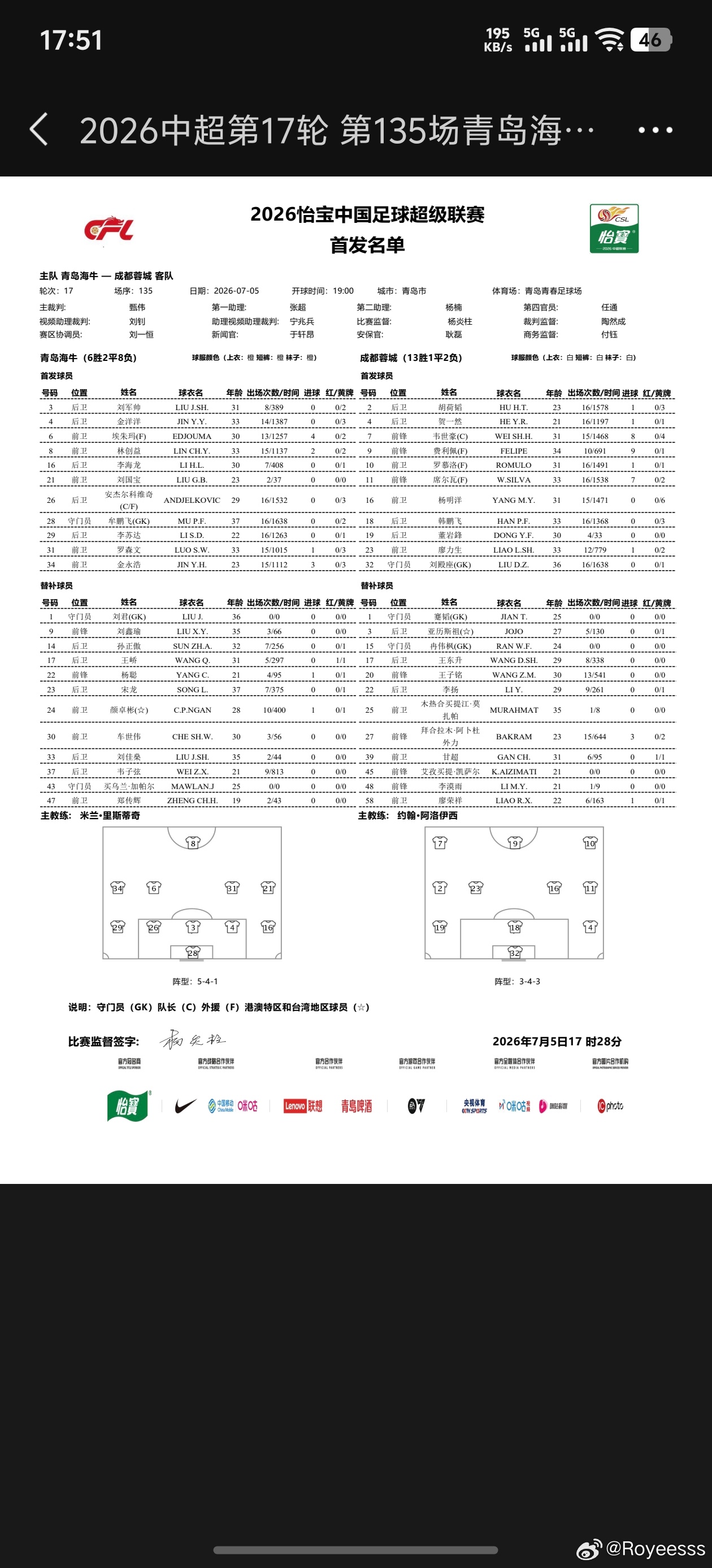 成都蓉城中超联赛一起登场 Lineup青岛海牛 v 成都蓉城 