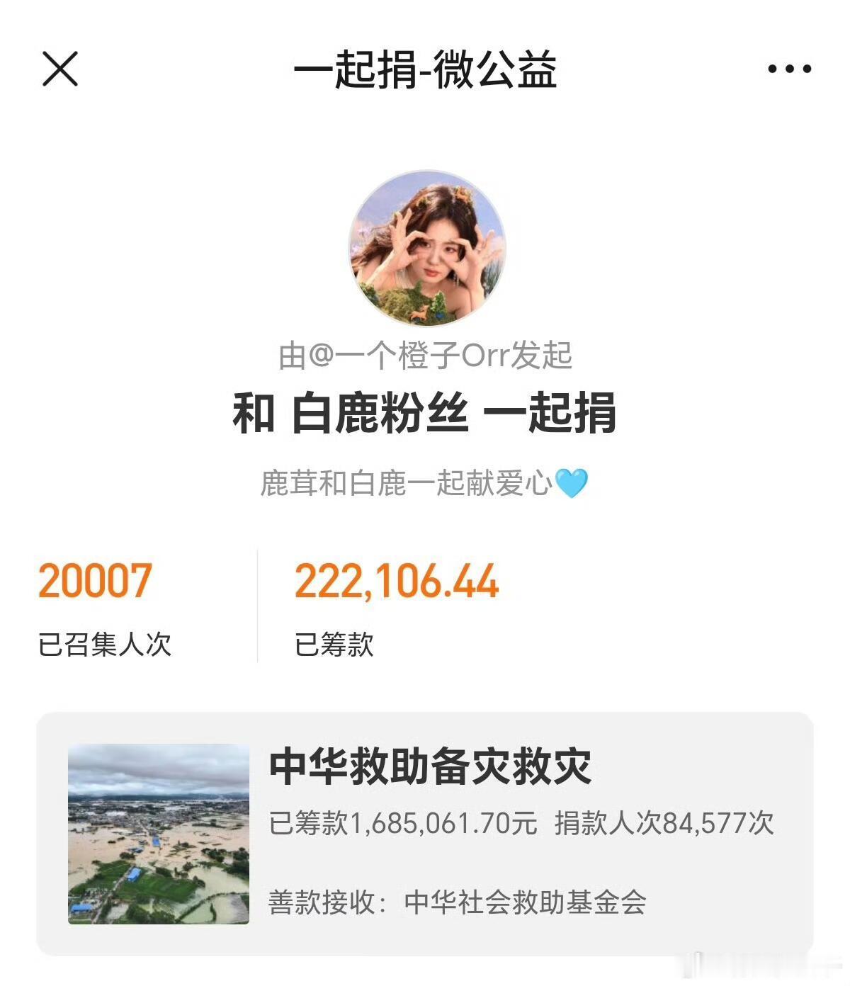 白鹿粉丝捐款人数达到2w+，捐款额22万+