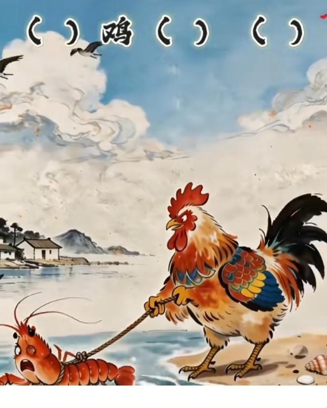 〔看图猜词语〕
图中画面真给力；
一个公鸡扯大虾；
谐音猜个词语来；
仔细琢磨多