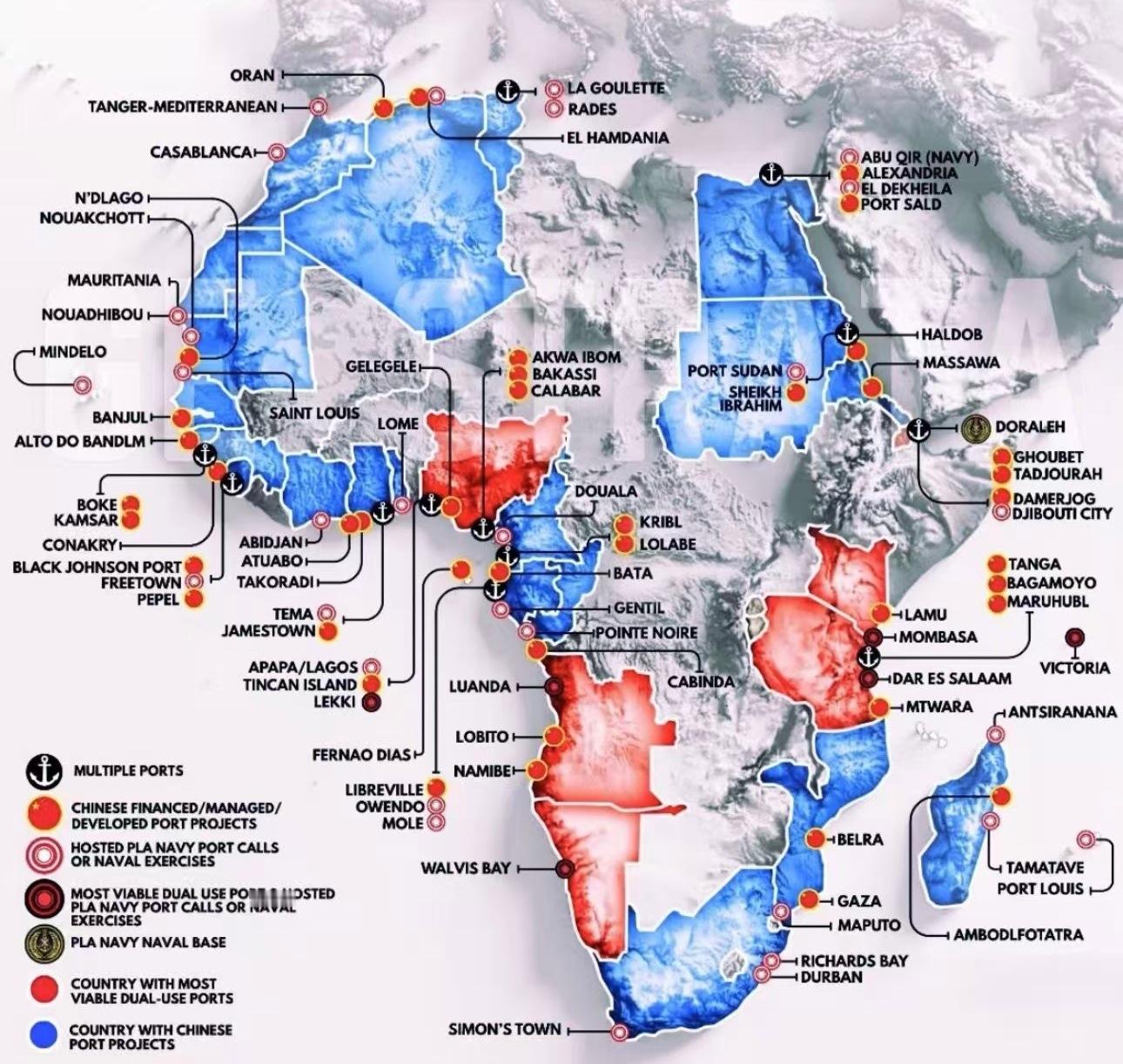 欧洲人梳理的非洲各国港口情况，称中国为这40多个港口提供融资、建设、运营，让这些