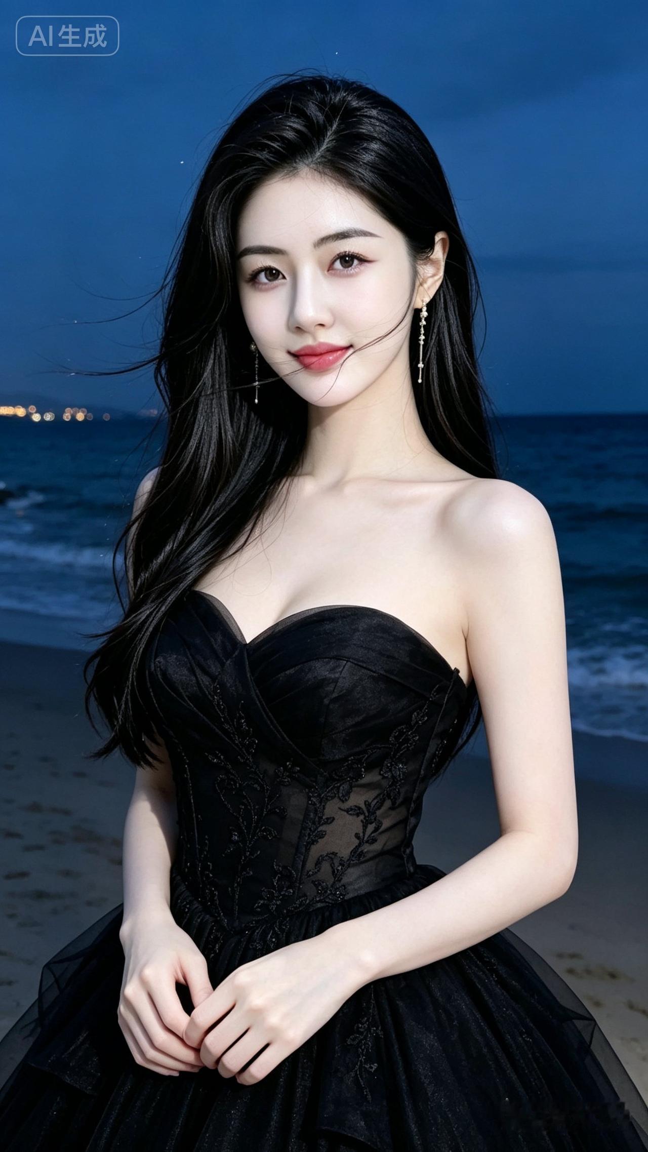 海边夜景下的优雅黑裙美人