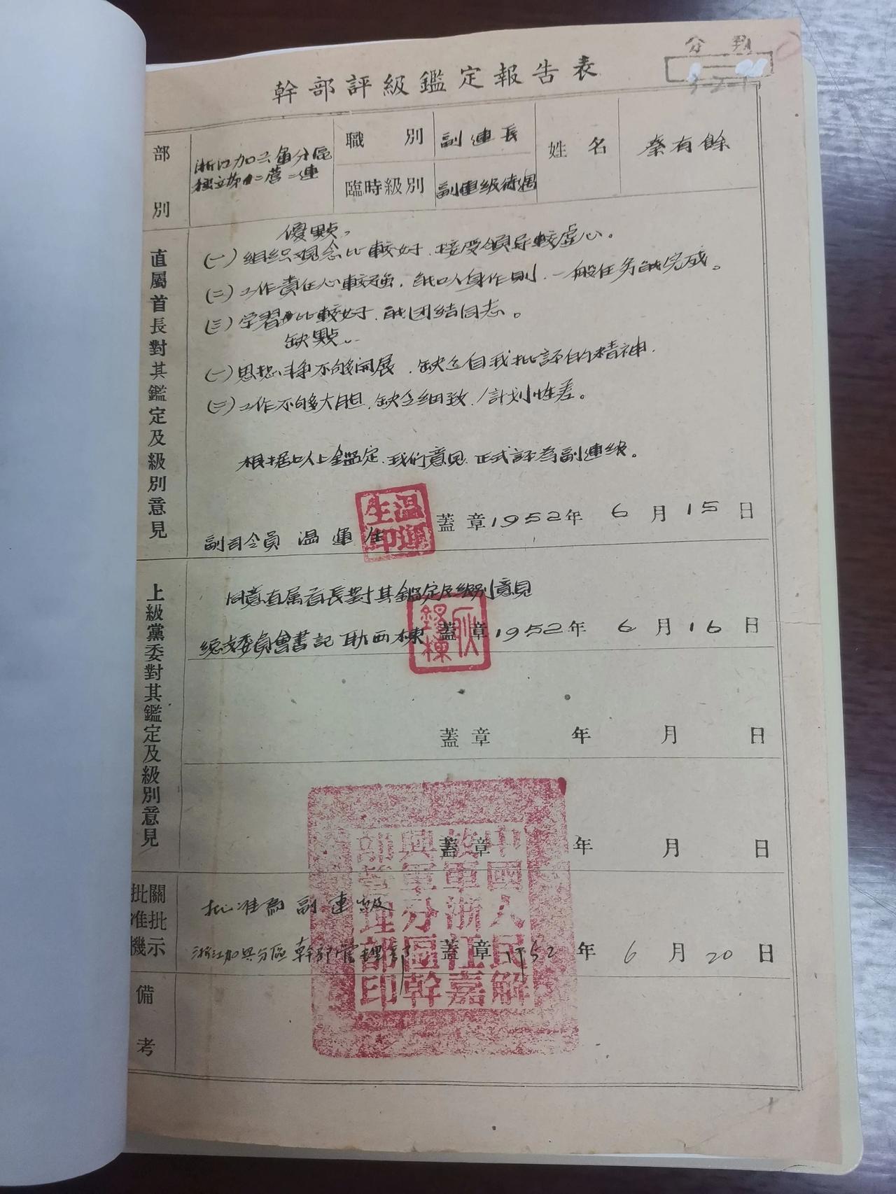 1952年嘉兴军分区评级表，为1955年全军评军衔制作准备工作。当时，嘉兴军分区