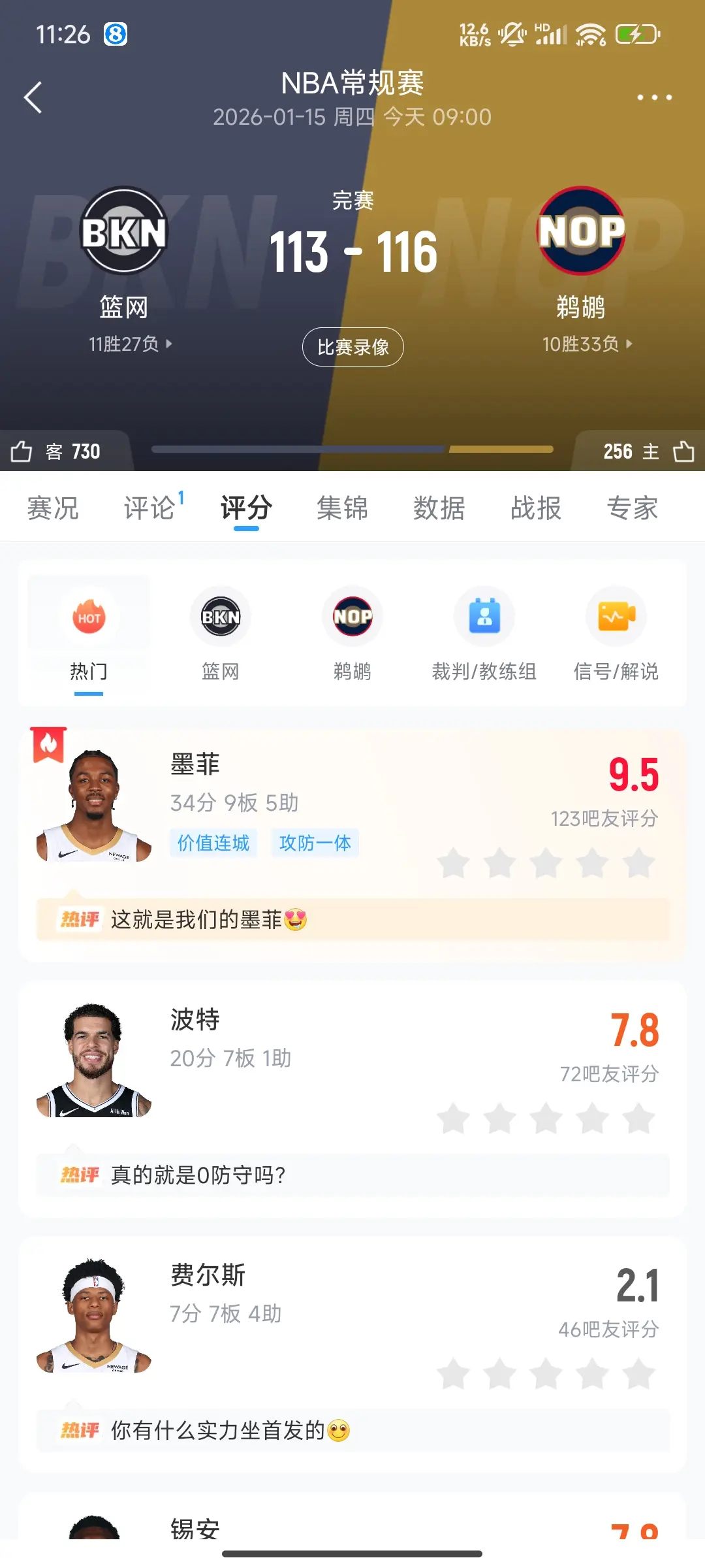 鹈鹕战胜篮网 鹈鹕力克篮网，赛后球员评分出炉 