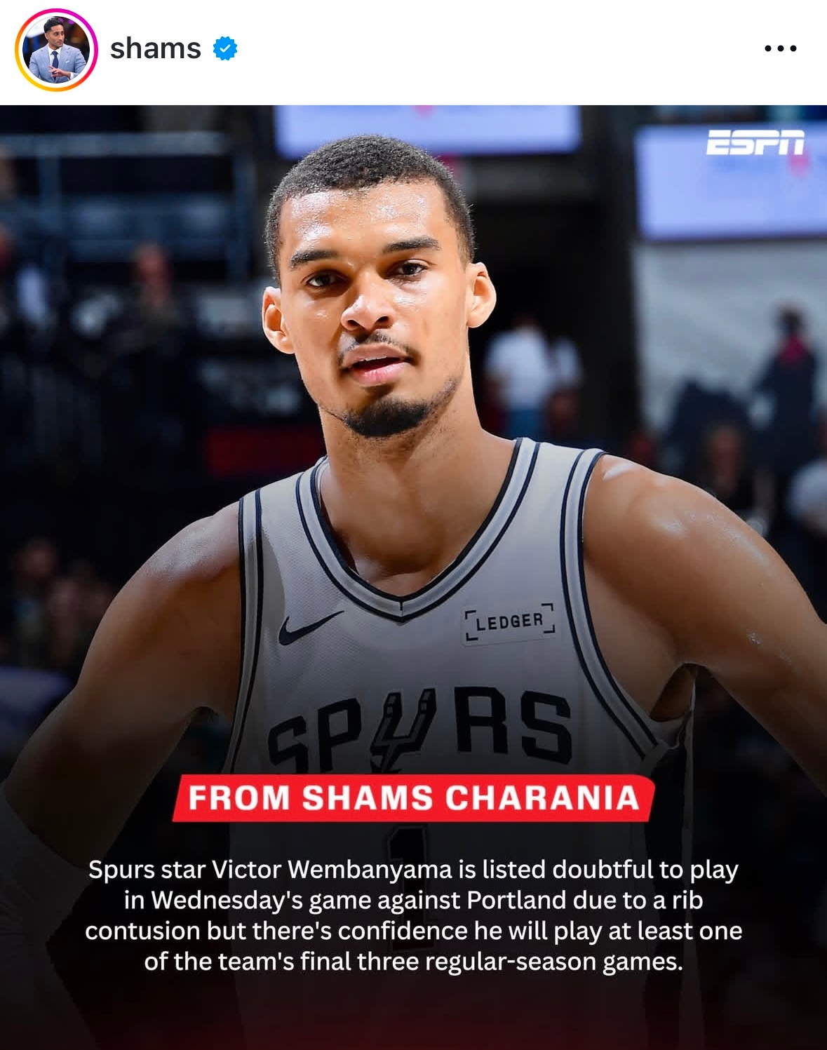 Shams：文班因肋骨挫伤，出战周三对阵开拓者的小概率出战；不过球队有信心，他至
