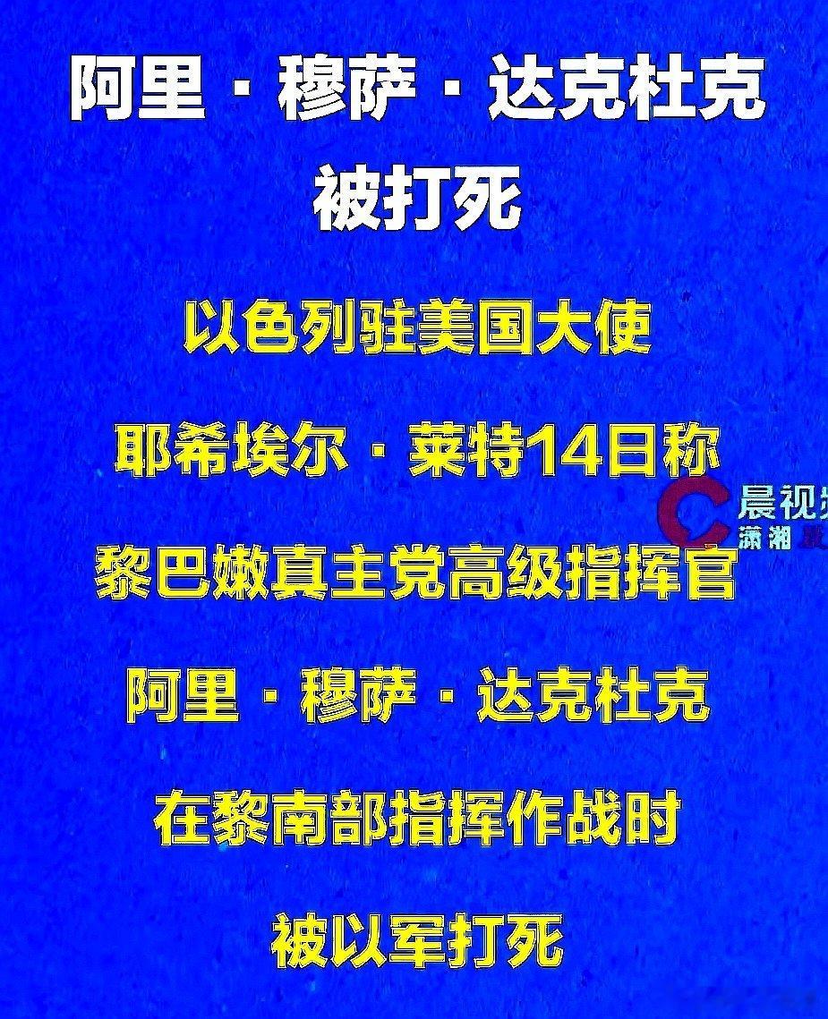 以色列驻大使向外界公布，黎巴嫩真主党高级指挥官阿里 穆萨 达克杜克被以军打死 