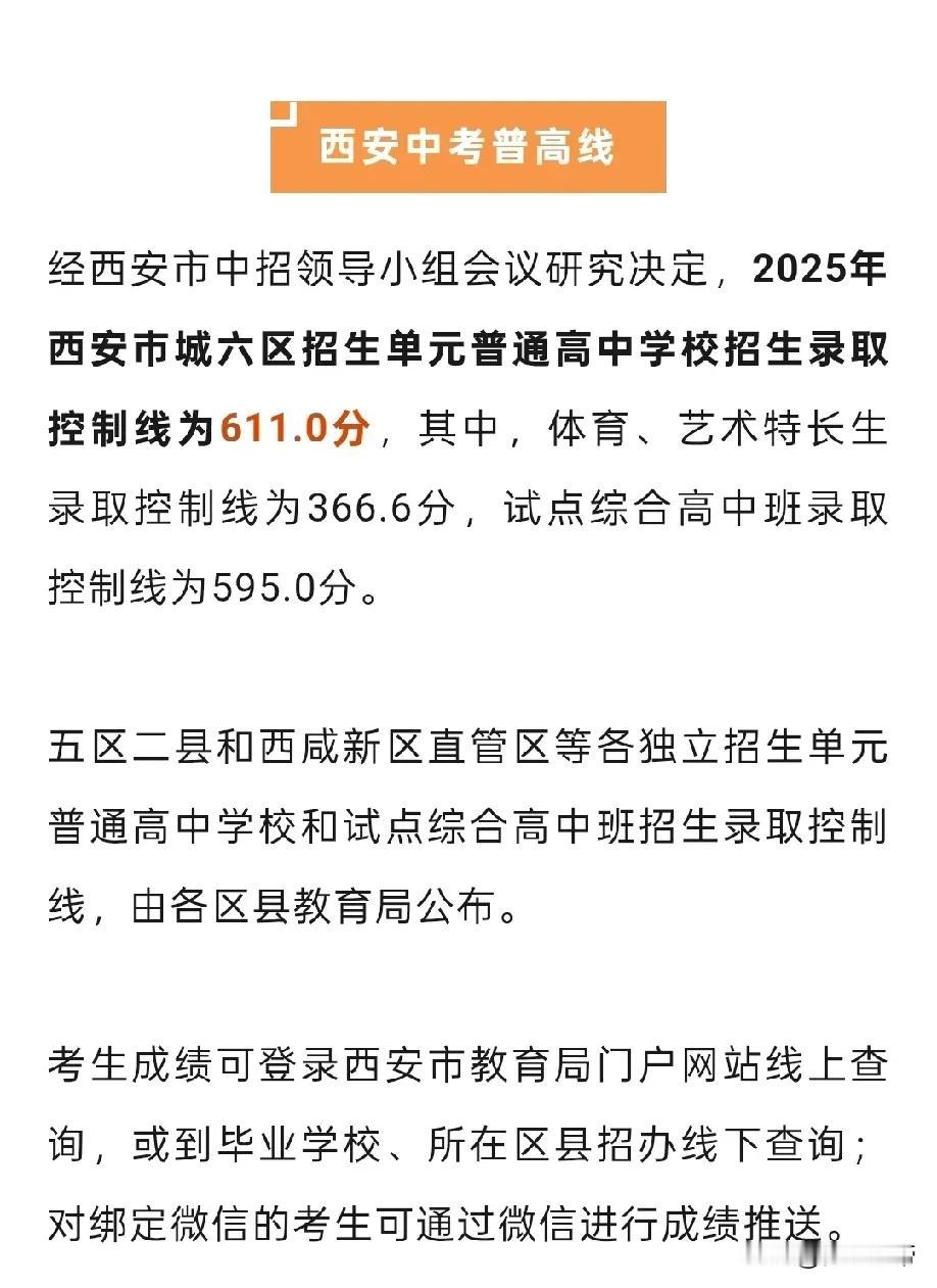 中考录取线 
西安中考普高线611分，这也太高了吧！

今天中午西安中考成绩正式