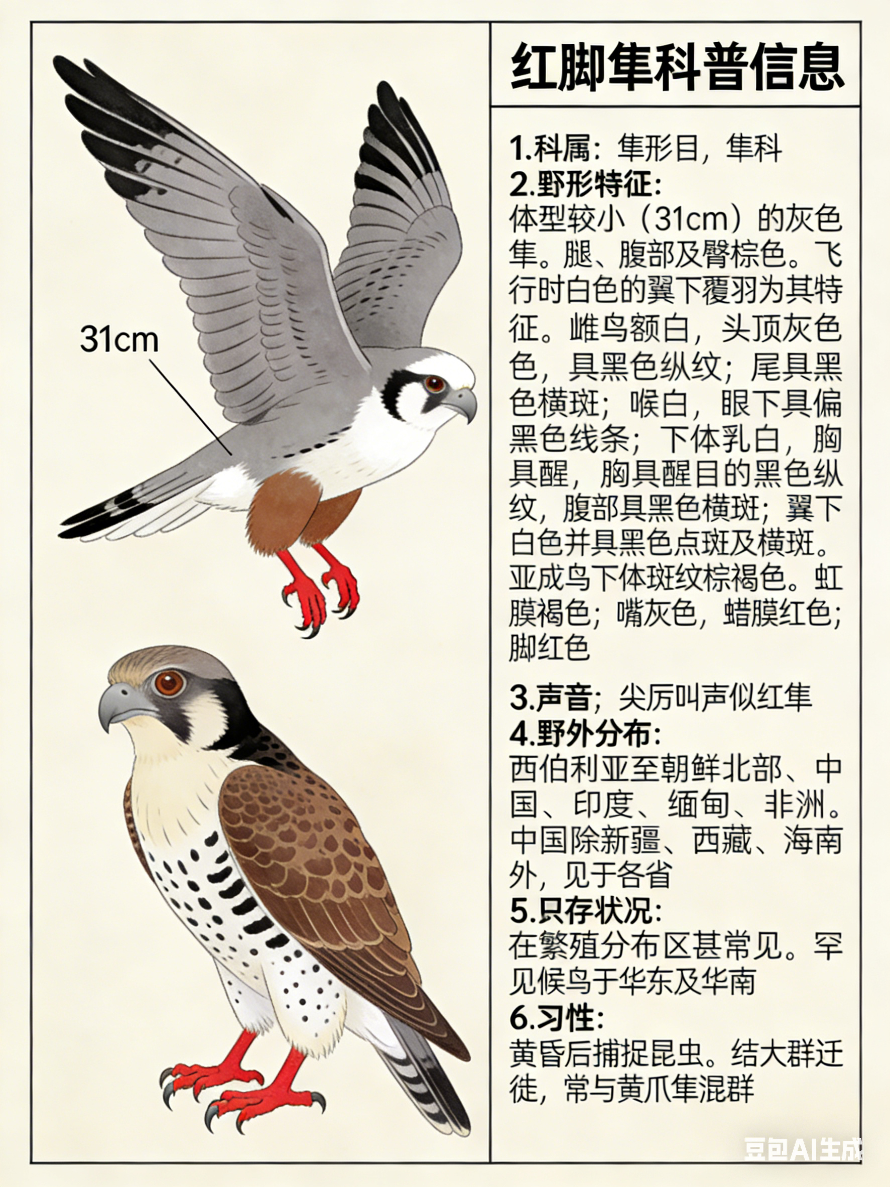 鸟类朋友图鉴 红脚隼·科属：隼形目，隼科。·外形特征：体型较小（31cm）的灰色