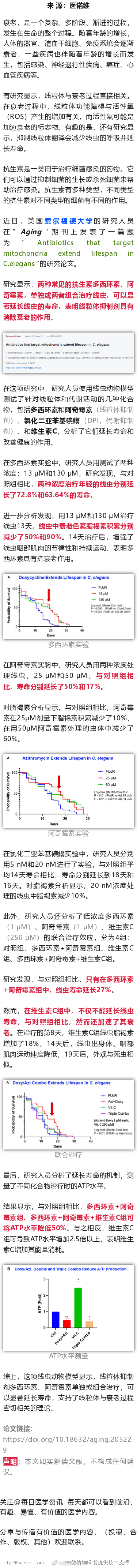 Aging：这两种常见的抗生素，竟能大幅延长寿命近日，英国索尔福德大学的研究人员