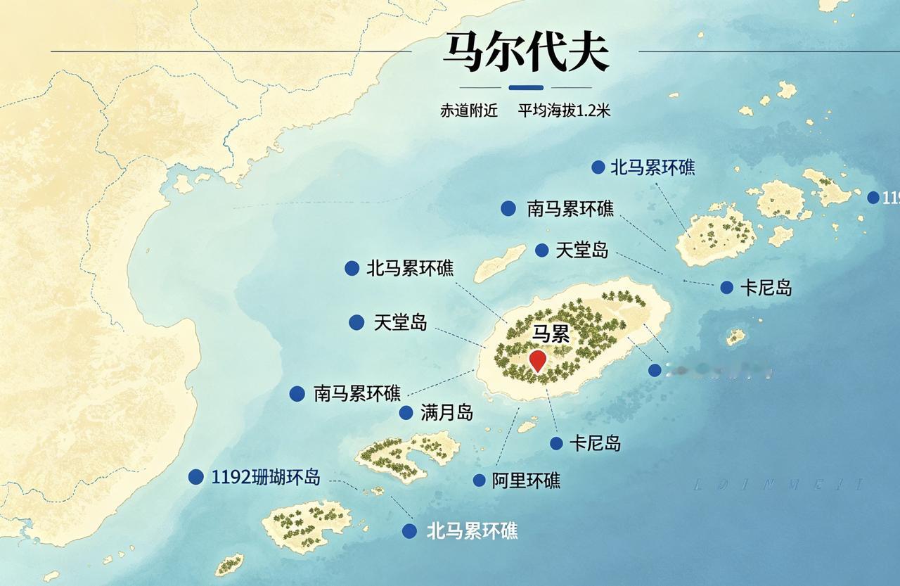 马尔代夫：
它是全球最大的珊瑚岛国；
它由1192 座珊瑚岛缀成 26 组天然环