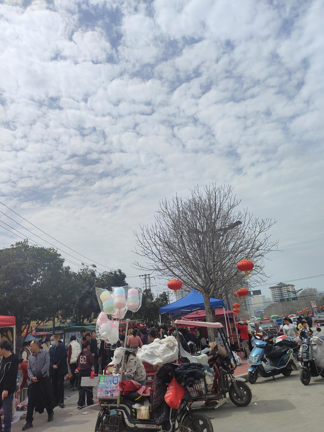 春日集市，白云漫过头顶，棉花糖的甜香混着人间烟火，红灯笼在枝桠间晃着暖意，这是最