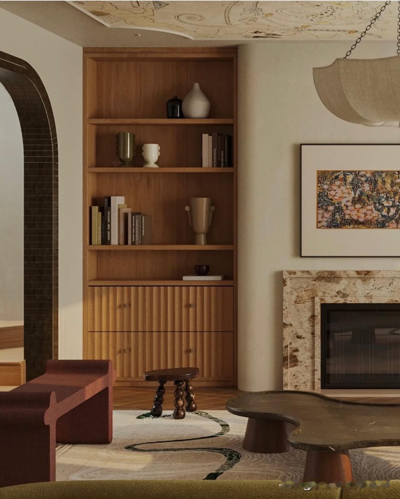 空间气质：中古风与自然艺术的温柔交融

充满中古风与自然主义氛围的客厅空间，
温