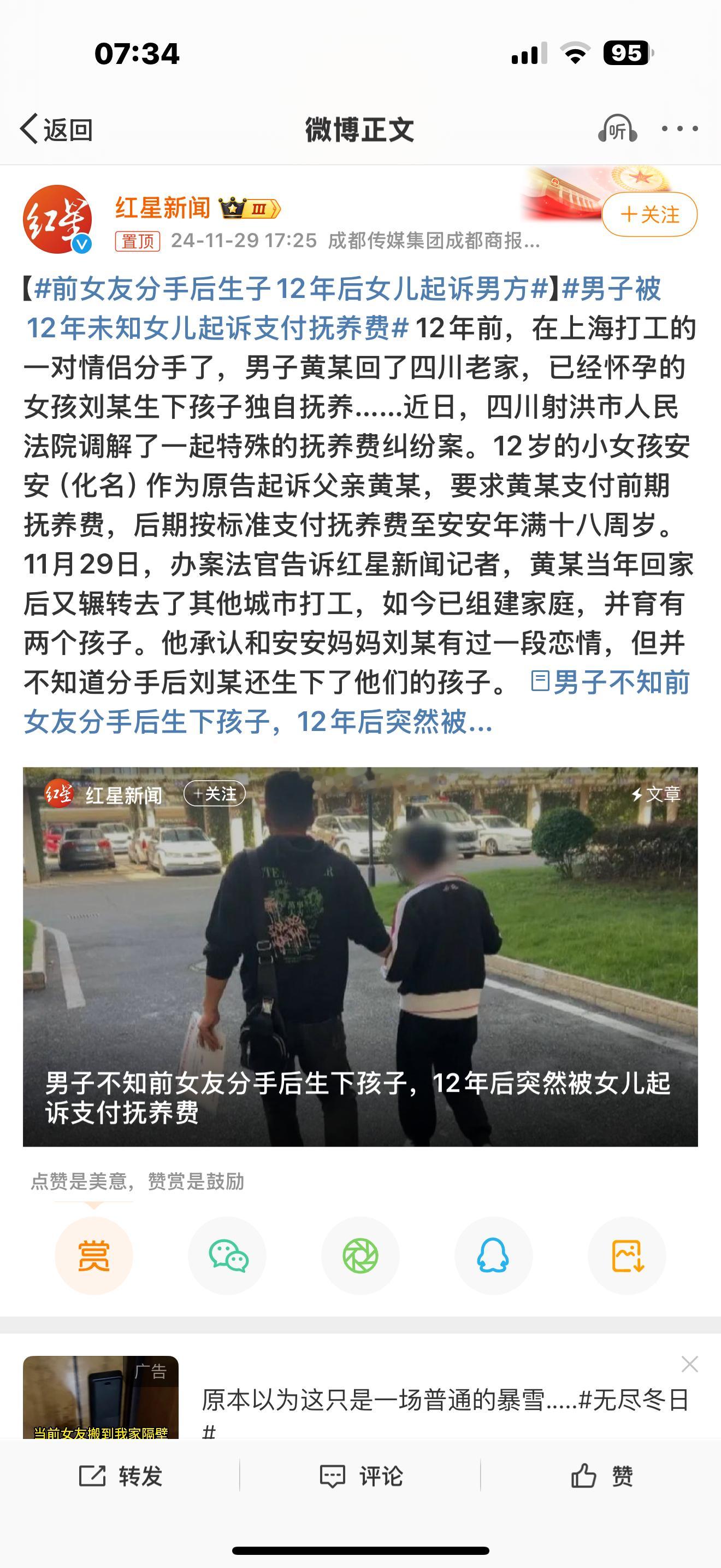 前女友分手后生子12年后女儿起诉男方 简单说就是想成为单亲妈妈失败，但男的其实挺