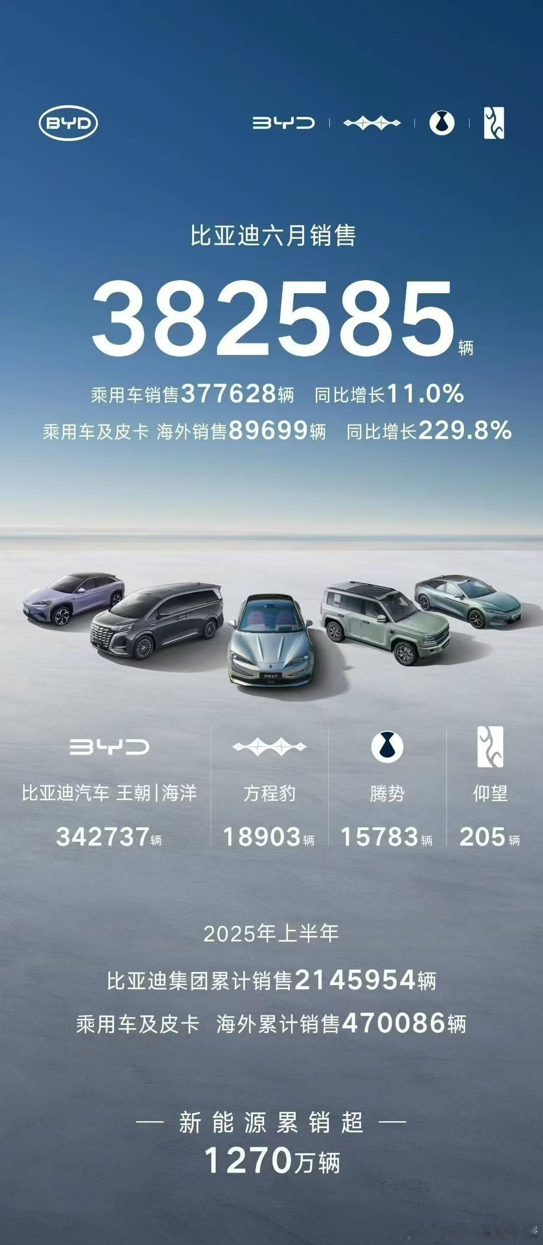 比亚迪6月销售382585辆同比增长12%上半年累计销售2145954辆同比增长