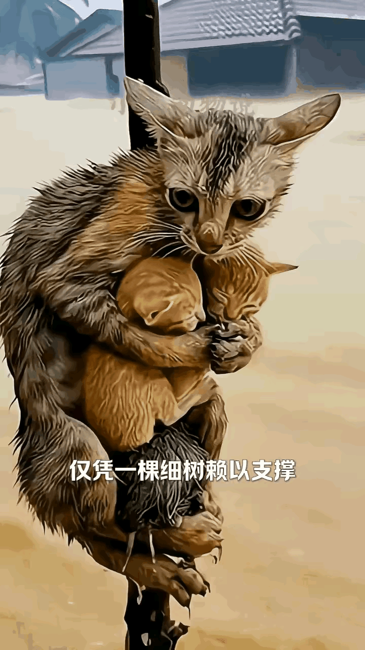看到这张图片，有没有和我一样感慨万千的？
图片里的这只猫妈妈，浑身被雨水打湿，瘦