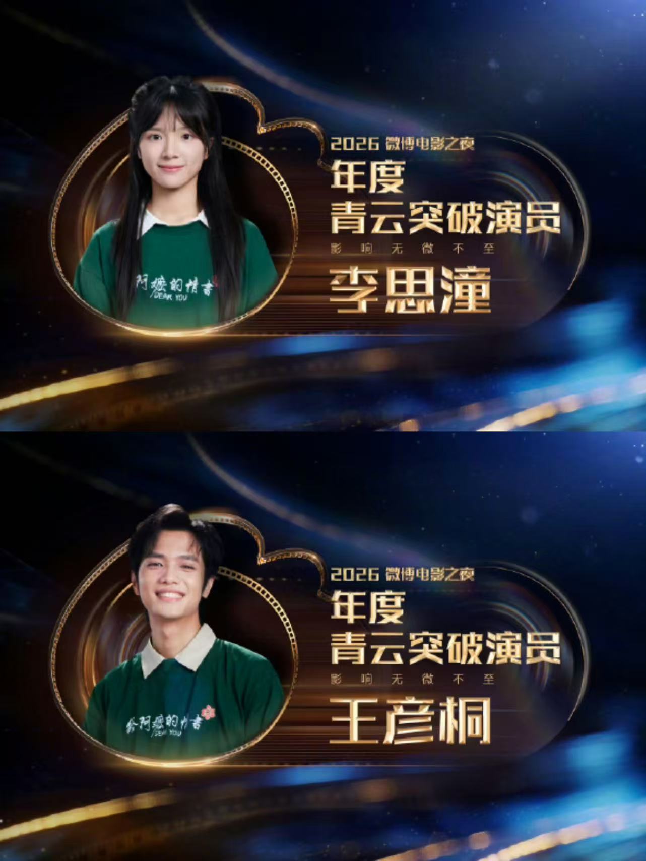 李思潼、王彦桐凭借《给阿嬷的情书》获得微博电影之夜“年度青云突破演员”。王俊凯获