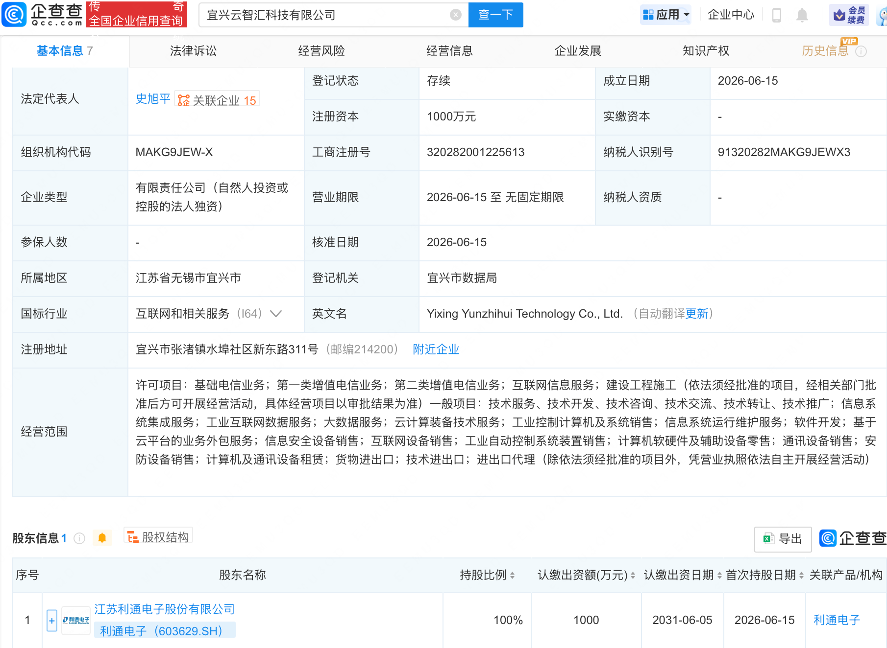 利通电子成立科技新公司，含云计算装备技术业务